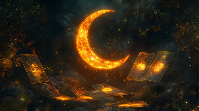 Mystical fiery crescent moon over tarot cards in enchanted fores. Hidden Prophecy. Illustration