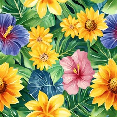 Tropical floral prints of seamless pattern watercolor summer flower like hibiscus, sunflowers, and tropical leaves, seamless pattern watercolor tropical floral, seamless pattern watercolor fabric.