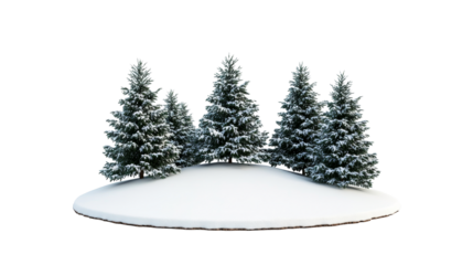 Winter trees stand in snow-covered ground, isolated scenic scene, cut out transparent