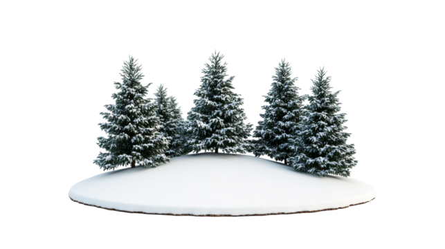 Winter trees stand in snow-covered ground, isolated scenic scene, cut out transparent
