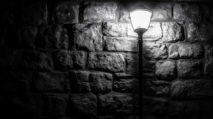 Fototapeta premium A single streetlight standing beside an old brick wall, creating deep contrasts.