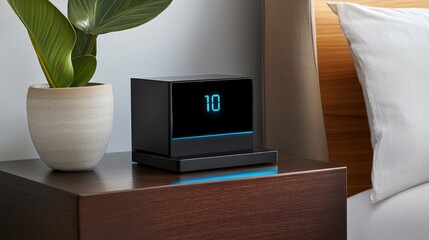 A sleek black alarm clock with a glowing blue LED screen stands on a dark walnut nightstand.