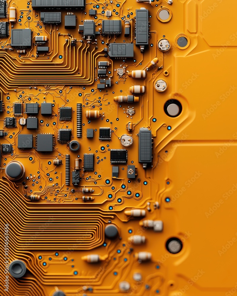 Poster abstract orange electronic circuit board with microchips and computer components