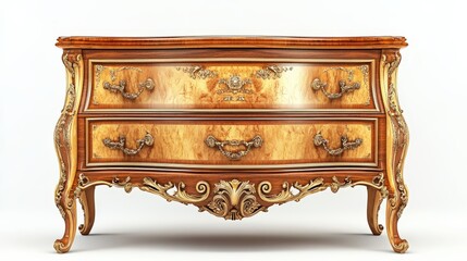 Elegant Vintage Chest of Drawers with Intricate Woodwork, Decorative Hardware, and Rich Veneer Finish Perfect for Classic or Antique Style Interiors