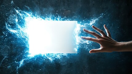 A hand reaches out toward a blinding white square emanating light, which is surrounded by powerful energy surges against a dark and textured background, suggesting otherworldly power