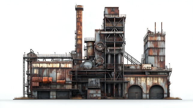Abandoned Rusty Industrial Architecture: Old Factory Building with Distressed Metal and Concrete Textures