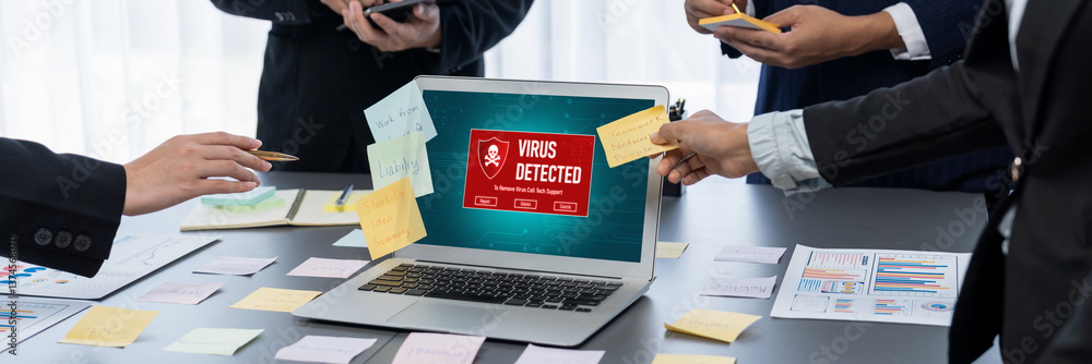 Poster virus warning alert on computer screen detected brisk cyber threat , hacker, computer virus and malw