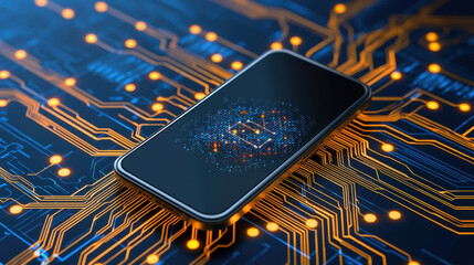 Smartphone on Circuit Board Glowing Particles and Digital Connectivity