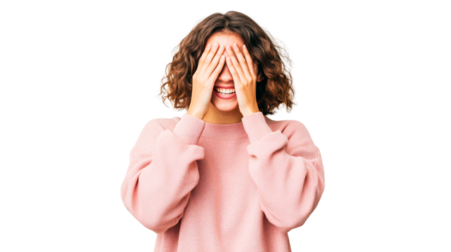 Brunette woman hides face with hands, smiling against black, cut out transparent