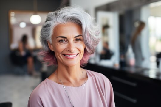 Portrait of a senior confident woman happy with her hair style in hair salon