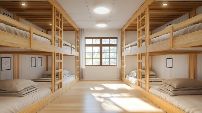 Cozy Youth Hostel Room with Bunk Beds: Shared Accommodation with Minimalist Decor and Natural Light