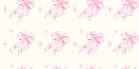 Coquette retro-style pattern of hand-drawn bows and sparkles in pink, ideal for gift wrapping, decoration, and celebration themes.