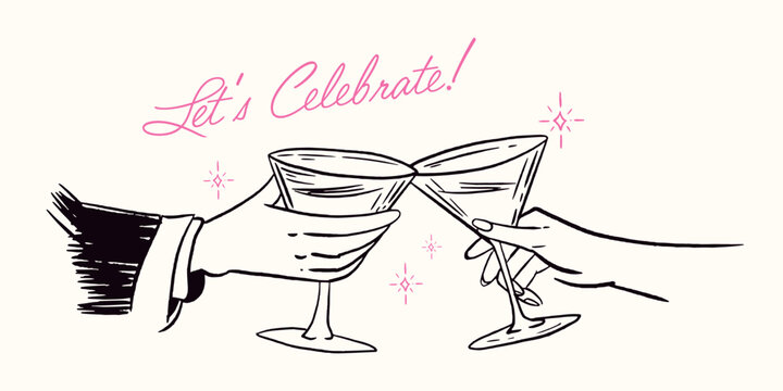 Minimal vintage toast illustration with sparkling cocktail glasses and handwritten celebratory message, full of festive retro charm.