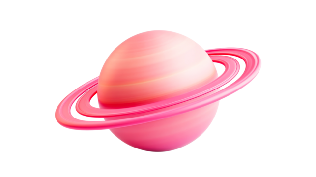 Pink cartoon planet with rings, cut out transparent