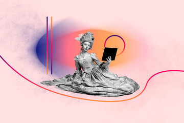 Creative sketch image art collage of serious duchess girl hold book read novel bookwork hobby education concept royal princess © deagreez