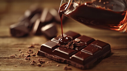 Liquor drizzling out of a piece of chocolate onto a wooden surface for a dramatic, indulgent effect