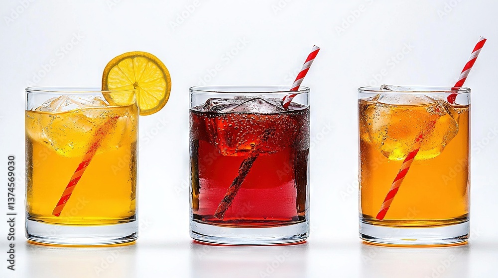 Poster three glasses with various drinks, one with a straw and another with a lemon slice and a red and whi