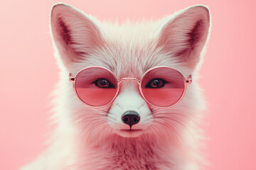 Obraz premium A stylish fox wearing pink sunglasses against a soft pink backdrop, exuding playful and trendy vibes.