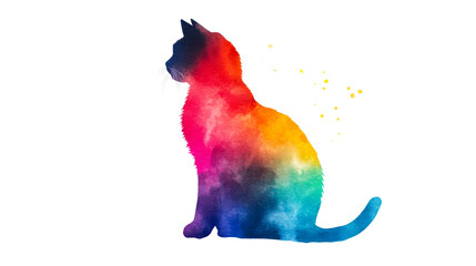 Watercolor cat silhouette with rainbow colors, feline pet isolated, cut out transparent