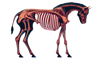 Anatomical horse skeleton, detailed design drawing, cut out transparent