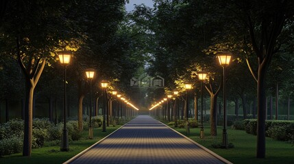 Obraz premium A tree-lined boulevard with evenly spaced glowing street lamps at dusk.