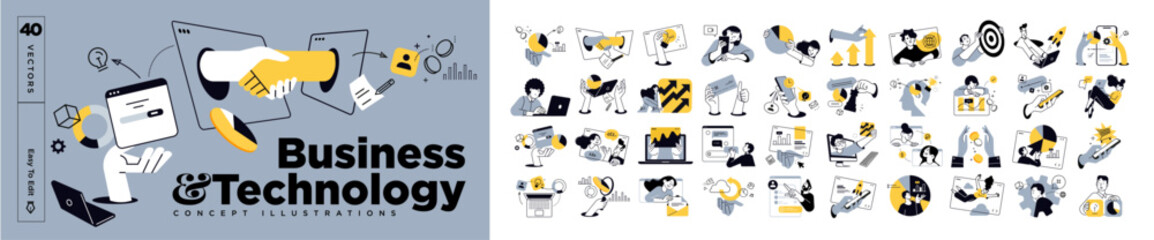 A collection business scenes illustrating various professional concepts. The set includes teamwork, strategy planning, online learning, project management, and career growth in a modern office setting