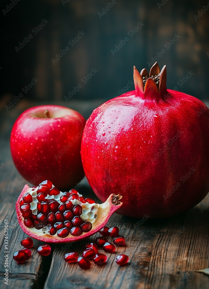 Aufkleber red apples and pomegranate on a wooden table with water droplets in a rustic setting