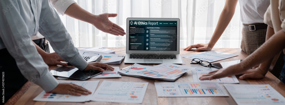 Poster ai ethics responsibility standard law and rules on computer screen provide report of ai ethic transp