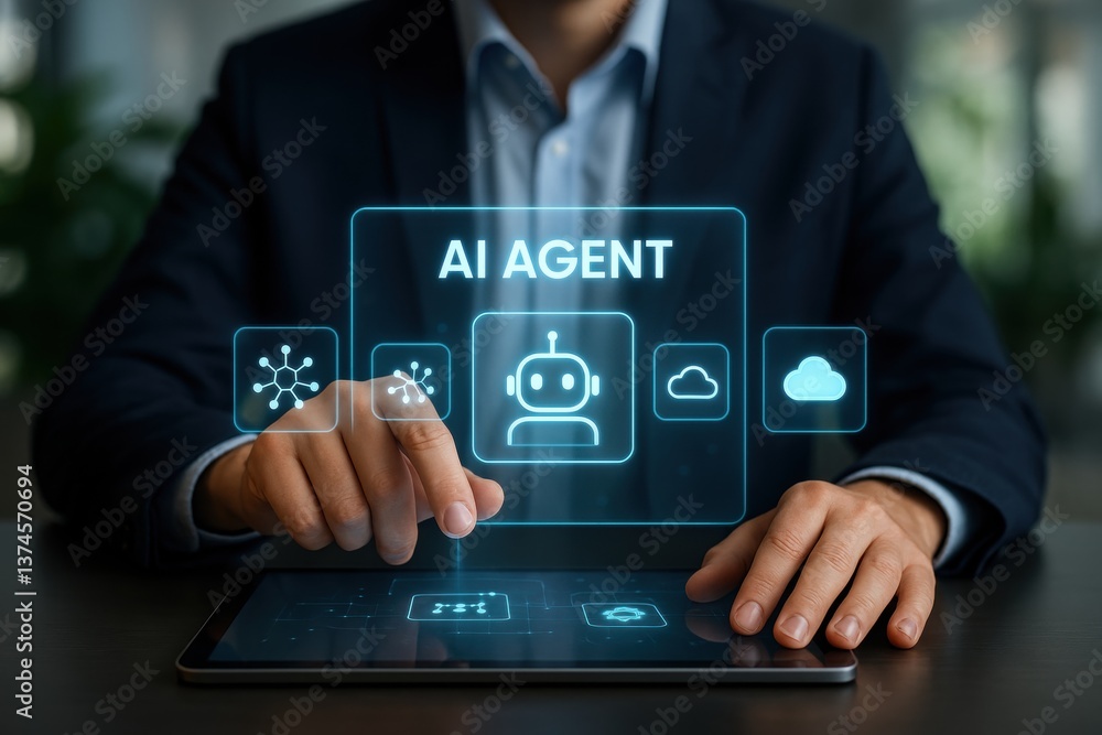 Poster ai agent concept: a close-up shot capturing a man in a dark suit interacting with a digital interfac
