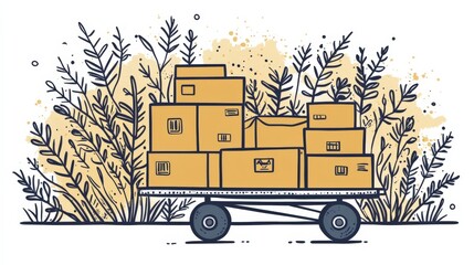 Illustration of a cart filled with cardboard boxes surrounded by foliage, representing delivery, shipping, and storage in a whimsical style for various graphic needs