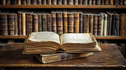 Ancient knowledge in a quiet library, a weathered textbook rests on a wooden table, surrounded by shelves filled with timeworn volumes. Timeworn Artifact. Illustration