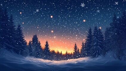 Fototapeta premium Magical winter sunset. Snow falls softly on a tranquil forest scene, creating a serene and picturesque landscape.