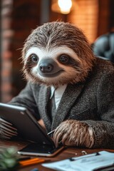 Fototapeta premium A sloth in a suit works at a desk. AI.