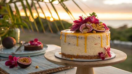 "Golden hour-lit coconut cake topped with juicy passionfruit glaze and tropical hibiscus, set against a soft-focus backdrop of palm leaves."

