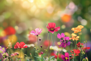 Colorful Cosmos Flowers Blooming in Summer Garden with Sunlight