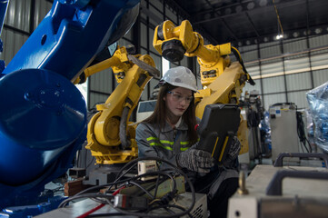 Engineer standing by robotic arm and operating machine in industry factory, technician worker check for repair maintenance electronic operation