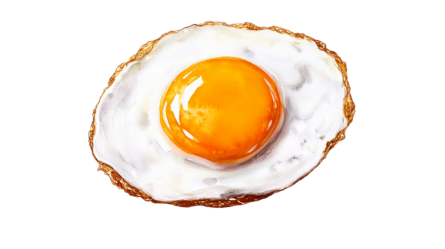 Fried egg with a crispy edge, watercolor food illustration, cut out transparent