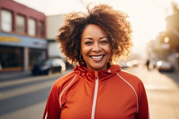 Fototapeta premium Portrait of a middle age body positive African American woman in sporty clothes smiling after running on the street