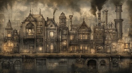 Fototapeta premium Intricate Steampunk Cityscape with Smokestacks, Pipes, and Detailed Architecture in a Dark, Atmospheric Environment Featuring a Distinctive Vintage Style