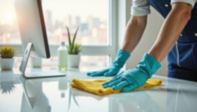 Cleaning professional wiping a desk in a bright office  