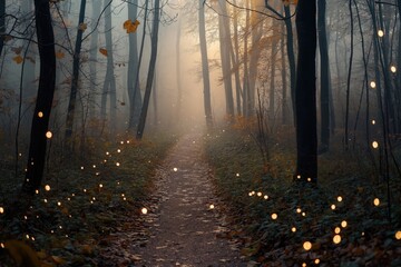 Obraz premium A misty forest at dawn, where the first light of morning illuminates the dewdrops on the leaves. A narrow dirt path winds through the trees, leading to an unseen destination.