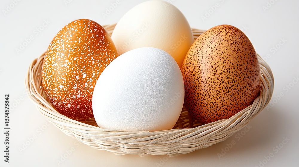 Poster a white table holds an array of differently colored eggs