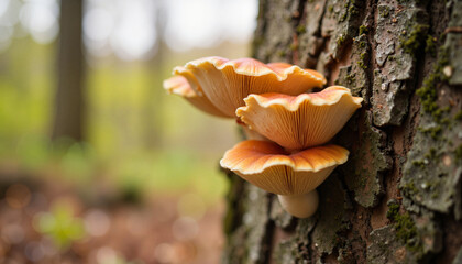 Oyster mushrooms growing on tree bark in woodland, natural beauty