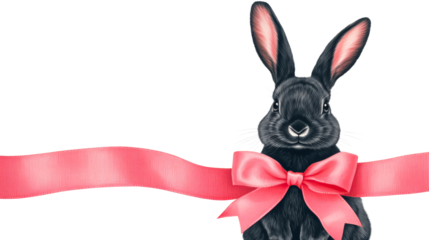 Graceful Black Rabbit Adorned with Pink Ribbon Bow, cut out transparent