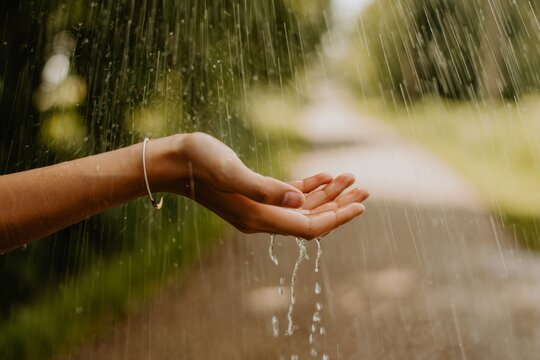 Tattooed hand reaching into rainfall with sunlight and trees in the background, evoking freedom and connection with nature. - Powered by Adobe