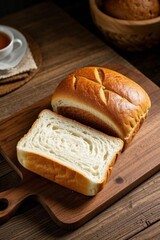 there is a loaf of bread on a cutting board with a cup of tea