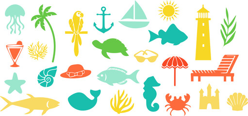 Set cute summer holiday beach elements.