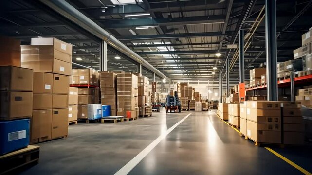 Wide-angle shot of a spacious warehouse with stacked boxes and pallets, creating an industrial vibe, ideal for a logistics video backdrop.