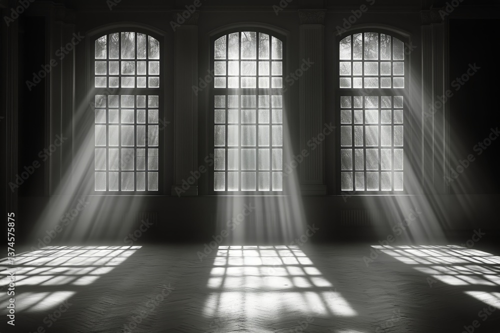 Poster light beams filter through large windows creating patterns on the tiled floor at midday