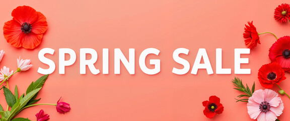 Bright coral spring sale banner with poppy flowers, seasonal promotion